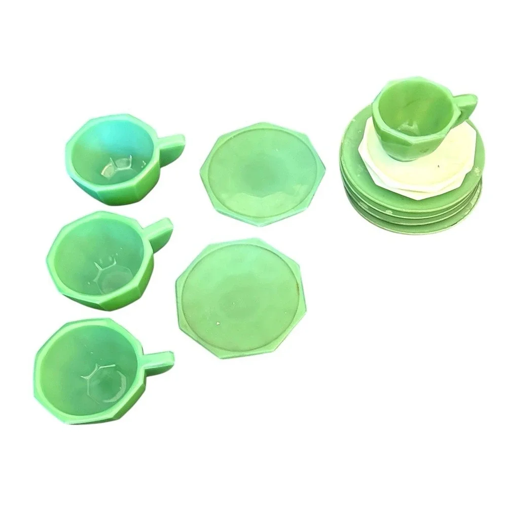 Vintage Jadeite Akro Agate JP Octagonal Child's Tea Set Accessories Cup Plate 12